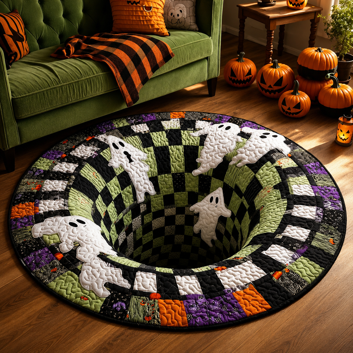 🔥3D Skeleton Vortex Quilted Round Halloween Rug